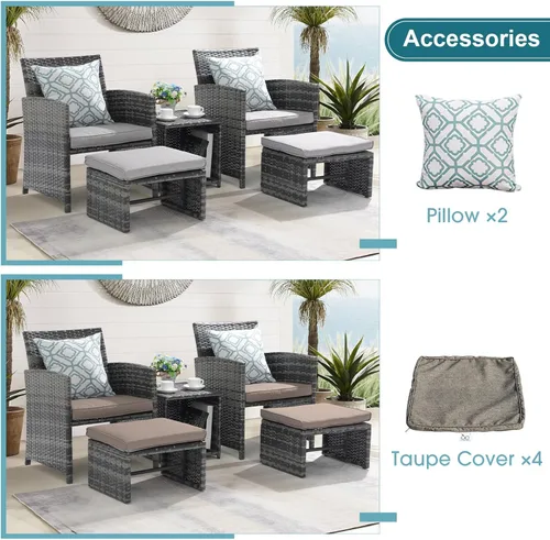 Miniatura 3 de OC Orange-Casual Juego de muebles de patio de 5 piezas, silla de conversación de mimbre para exteriores y juego de otomana con mesa de café, Gris