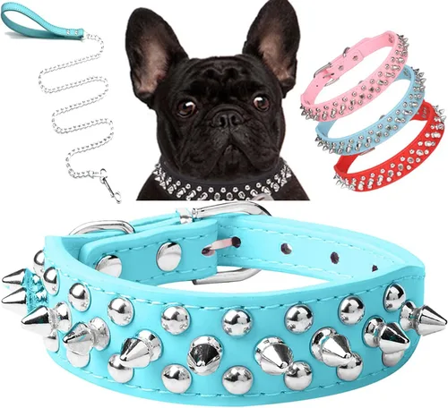 Miniatura 7 de Serijoars Collar para perro con clavos, de piel sintética suave con remaches de hongos, collar ajustable para cachorros (L, Rojo)