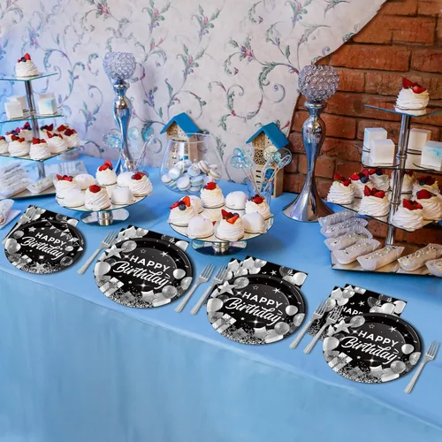 Miniatura 6 de 96 piezas de decoraciones de fiesta de feliz cumpleaños en negro, blanco y plateado, juego de vajilla de cumpleaños, confeti espolvoreado, platos