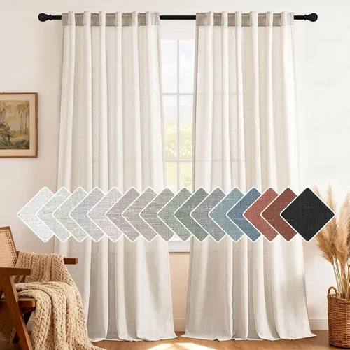 Miniatura 23 de H.VERSAILTEX Cortinas de lino natural de 63 pulgadas de largo para sala de estar, 2 paneles con trabillas traseras y bolsillo, texturizadas