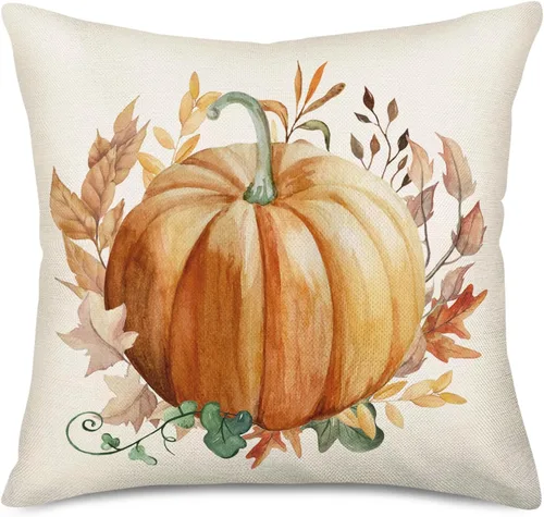 Fukeen Fundas de almohada decorativas de otoño de 16 x 16 pulgadas, calabaza naranja y hojas de arce, fundas de almohada de cosecha de otoño, fundas