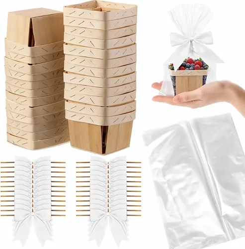 Miniatura 7 de Kigley Juego de 24 cestas de regalo de madera con bolsas de celofán y lazos, kit de mini cestas de bayas vacías para recoger frutas, graduación