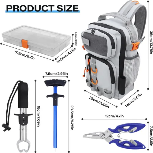 Miniatura 5 de Mochila de pesca con cajas de aparejos, bolsa de hombro de pesca impermeable con soporte para caña, bolsa de pescado con kit de 136 señuelos de Gris
