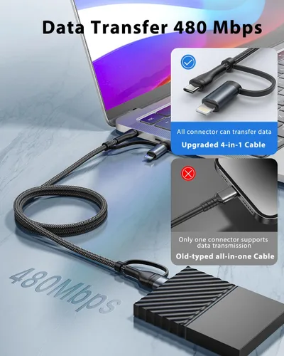Miniatura 3 de Cable de carga 4 en 1, adaptador USB C Lightning USB C a USB C 60W PD [carga rápida y sincronización de datos] Cargador múltiple 4 en 1 para iPhone