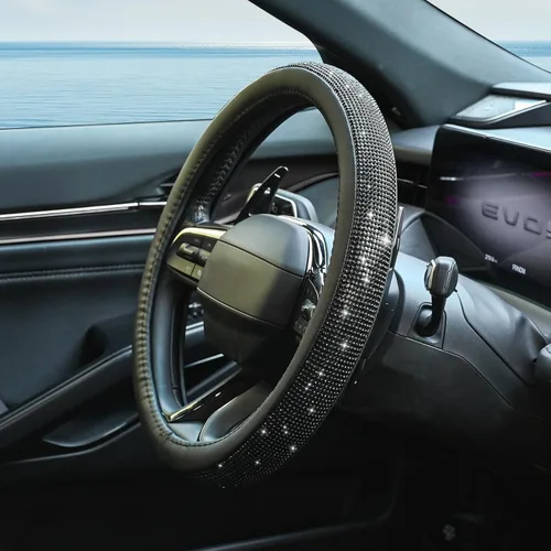 Miniatura 3 de Nueva Funda para Volante de Cuero con Diamantes con Cristales de Strass Brillantes, Ajuste Universal de 15 Pulgadas, Protector de Volante de Negro