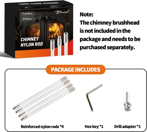 Miniatura 6 de Kit de deshollinador Bluesea de 4 piezas con varilla de nylon, accesorios para limpieza de chimenea con llave hexagonal y adaptador para taladro