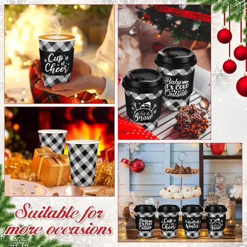 Miniatura 6 de Layhit 100 Piezas Tazas de Café Navideñas de Cuadros Buffalo, Vasos de Papel Navideños Desechables con Tapas, Fundas y Pajitas Removedoras