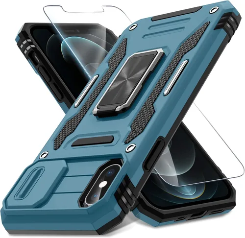 Miniatura 369 de DEERLAMN Funda para iPhone Xs Max con funda deslizante para cámara + protector de pantalla, soporte giratorio de anillo de grado militar a prueba