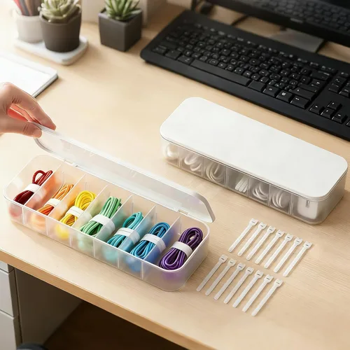 Caja organizadora de cables con 7 bridas para cables, paquete de 2 cajas de almacenamiento de gestión de cables de escritorio con tapa, 7