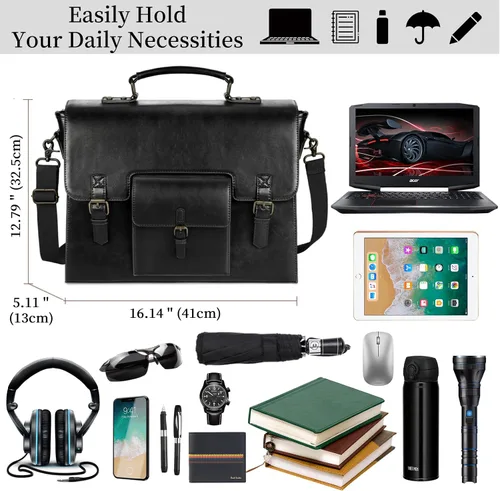 Miniatura 6 de Bolsa de mensajero de cuero para hombres y mujeres, 15.6 pulgadas, impermeable, de cuero vintage, maletín para laptop, bolso de hombro grande, bolsa