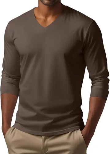 Miniatura 2 de Camiseta para hombre, manga larga, cuello en V, color liso, informal, básica, suave, elástica, M-3XL