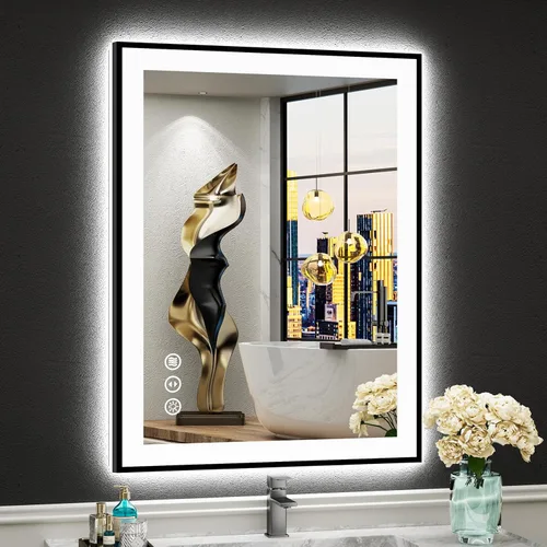 Miniatura 72 de 30x36 Espejo de baño LED con luces, retroiluminado y luz frontal, espejo de tocador iluminado antivaho para pared de baño, 3 colores, regulable