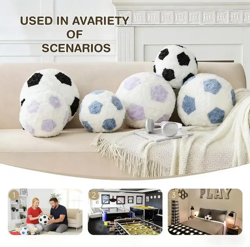 Miniatura 7 de Almohada de fútbol redonda negra para pelota de fútbol, almohadas de felpa estéticas para decoración del hogar, pelota de fútbol, almohada