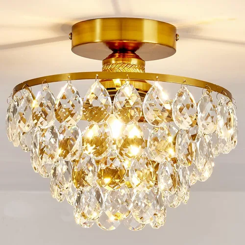 Miniatura 11 de YYJLX Lámpara de techo moderna de cristal pequeña, mini accesorio de luz de araña de montaje semiempotrado negro para pasillo, dormitorio, baño