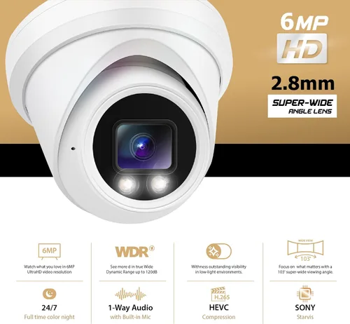 Miniatura 2 de Marquis Cámara domo de torreta IP PoE de 6MP con micrófono, gran angular de 0.110 in, visión nocturna a todo color 24/7, luz dual, resistente a