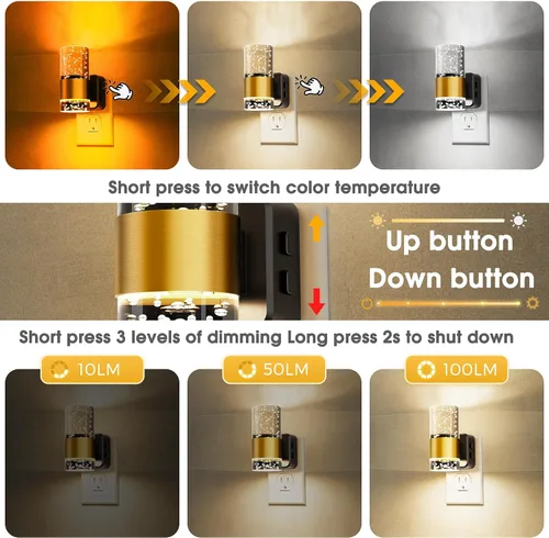 Miniatura 4 de Luz nocturna para enchufar en la pared, regulable, con sensor crepuscular, 3 colores de luz, blanco suave, blanco frío y ámbar, brillo ajustable