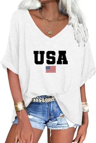 Miniatura 36 de UNCLECAT Camisetas de gran tamaño con cuello en V para mujer, camisas de manga corta de verano, holgadas, casuales