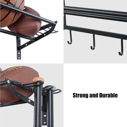 Miniatura 4 de XCSOURCE Organizador de equipos deportivos, estante de almacenamiento de bolas de 3 niveles con soportes para bates y raquetas, estante