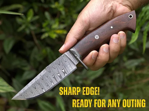 Miniatura 5 de Cuchillo de caza de Damasco hecho a mano con funda de cuero de transporte horizontal, hoja fija de espiga completa para camping, senderismo