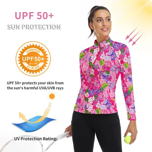 Miniatura 42 de WOWENY Camiseta deportiva de manga larga para mujer, con cremallera de un cuarto, cuello para entrenamiento, camiseta de tenis con estampado