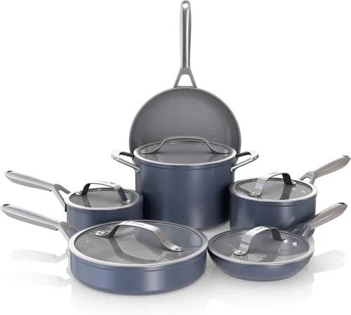 Ninja Ceramic Pro Juego de utensilios de cocina de 11 piezas, juego de ollas y sartenes antiadherentes con tapas de vidrio, sin tóxicos, sin PTFE,