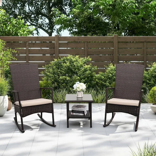 Mecedora para exteriores, 3 piezas, mecedora con respaldo alto, para patio, mesa para exteriores, color caqui