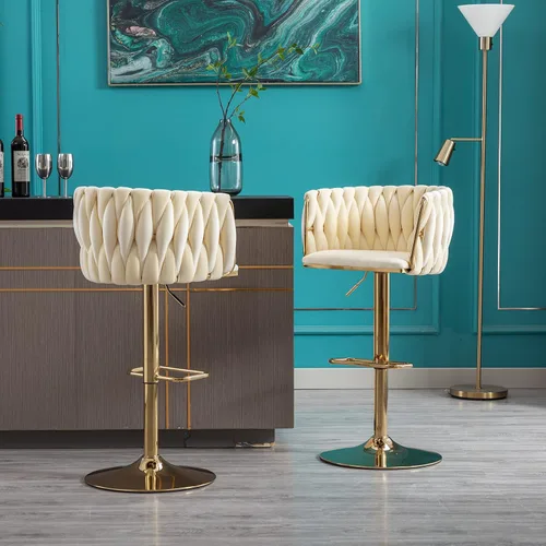 Miniatura 10 de Taburete de bar, taburetes de bar tejidos de terciopelo, taburetes de bar giratorios de altura de mostrador ajustable con respaldo bajo y base
