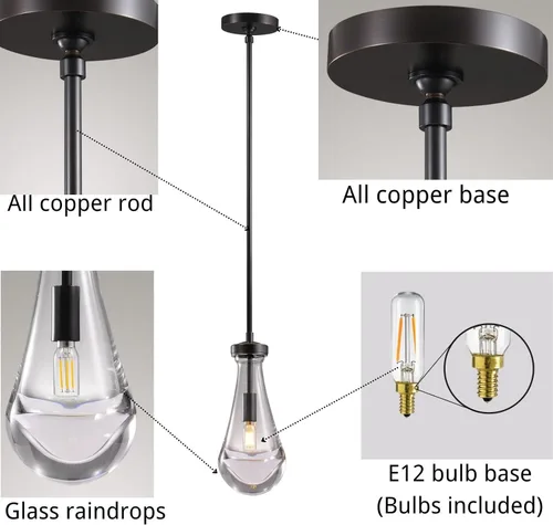 Miniatura 4 de Luces colgantes de gota de lluvia, modernas luces colgantes negras para isla de cocina, lámpara de comedor con forma de gota de lluvia chandelier