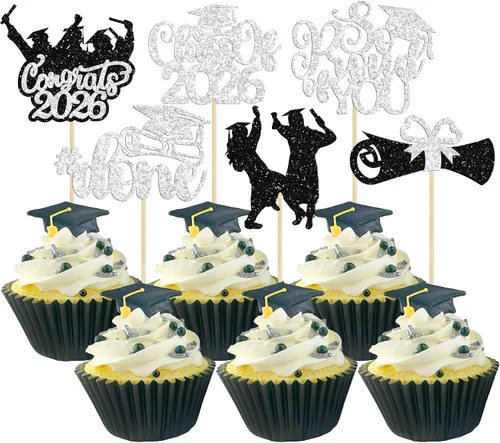 Miniatura 33 de Gyufise 24 piezas de decoración para cupcakes con purpurina para graduación 2026, decoración de pasteles para graduación 2026, decoración de Negro
