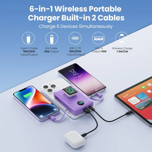 Miniatura 26 de Cargador portátil magnético de 10800 mAh para iPhone con cables integrados, cargador de batería inalámbrico 6 en 1 con cargador iWatch, pantalla LCD