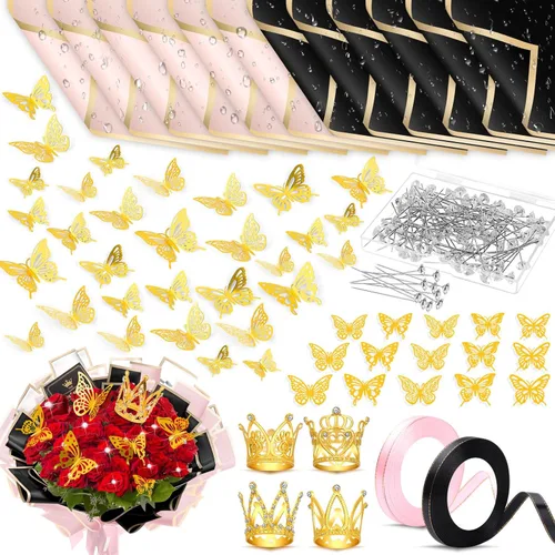 Tetutor 206 Hojas de Papel de Envolver Flores Impermeable, Hojas de Papel de Envolver Ramos, Papeles de Envoltura Floral Ramos con Cintas Alfileres