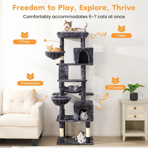 Miniatura 2 de Torre de árbol para gatos de varios niveles de 73 pulgadas para gatos grandes con postes rascadores, condominios, percha, hamacas y juguetes