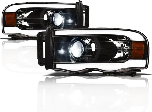 Alpha Owls 8711156 Faros Delanteros de Proyector LED Completo con Barra de Luz LED Blanca - Negro Ámbar Compatible con 2002-2005 Dodge Ram
