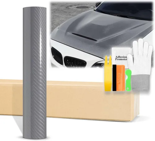 Miniatura 15 de EZAUTOWRAP - Adhesivo revestidor de vinilo muy brillante de fibra de carbono 7D prémium con juego de herramientas, lámina de calcomanía con Gris