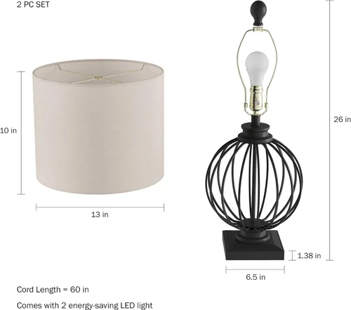Miniatura 3 de Lavish Home - Juego de 2 lámparas de mesa modernas de hierro forjado con bombillas LED, estilo rústico de granja para sala de estar o dormitorio