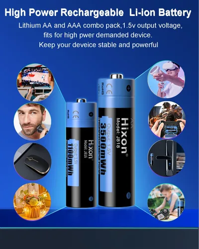 Miniatura 4 de Hixon Combo de baterías recargables AA y AAA de litio de 1.5 V con cargador, 4 x 3500 mWh AA y 4 x 1100 mWh AAA, más de 1600 ciclos, larga duración