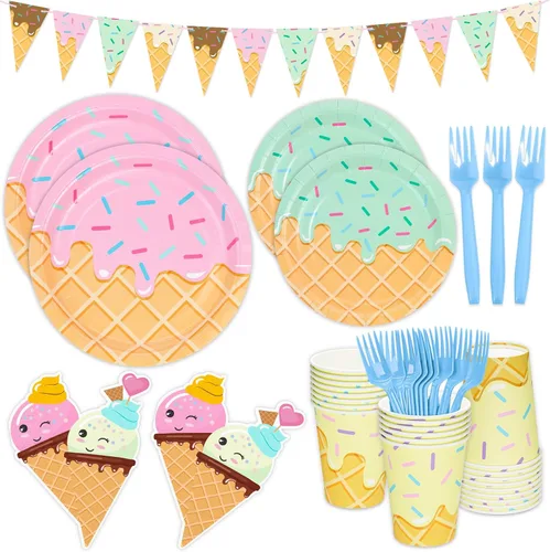 DYLIVeS 132 piezas de suministros para fiesta de cumpleaños de helado, juego de vajilla desechable para decoración de mesa de fiesta para niña,