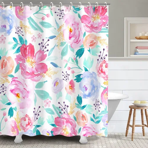 Miniatura 7 de RosieLily Cortinas de ducha florales rosas para baño, cortina de ducha de flores de acuarela para niñas, juego de cortina de ducha con ganchos