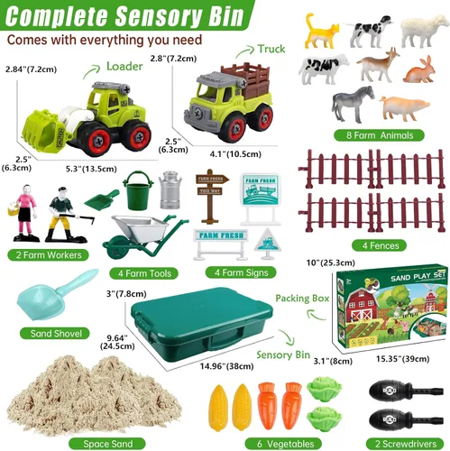Miniatura 6 de Aliex Contenedor Sensorial de Granja, Kits de Juguetes Sensoriales de Granja con 2.2 libras de Arena de Juego, 31 piezas de Animales y Camiones