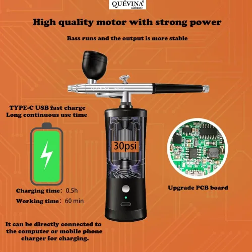 Miniatura 2 de Quevina - Kit de aerógrafo inalámbrico, con limpiador y diluyente, pistola pulverizadora de cepillo de aire portátil de mano, mini compresor