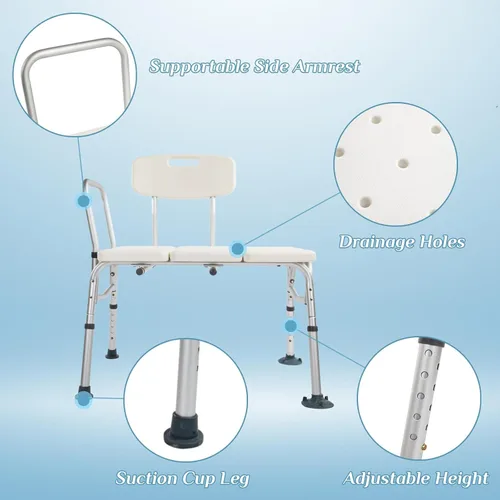 Miniatura 3 de Banco de Transferencia para Tina de Winado con Respaldo y Reposabrazos, Silla de Bañera de Aleación de Aluminio, Soporta hasta 330 libras, Blanco