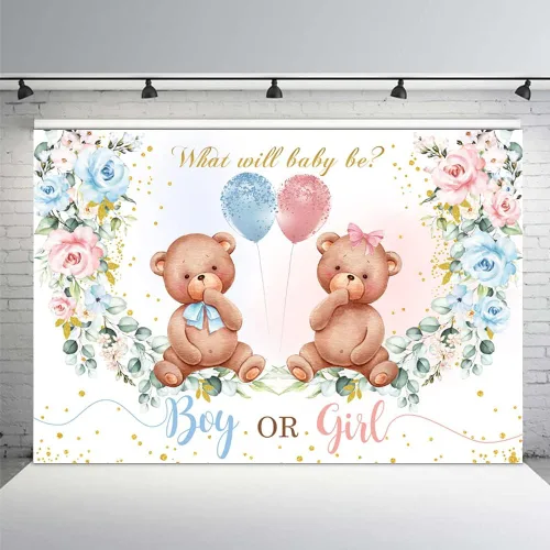 Miniatura 12 de MEHOFOND Telón de fondo de fiesta de baby shower de oso de 10 x 7 pies, fondo azul floral para fotografía, puntos dorados con purpurina dorada, Rosa