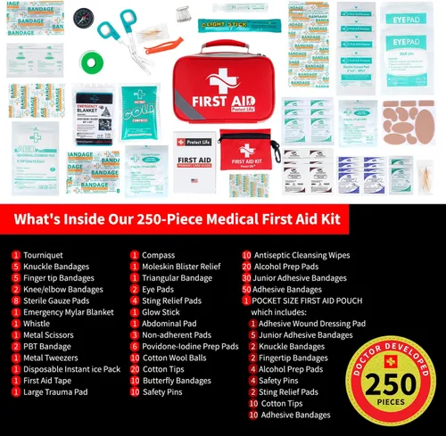 Miniatura 5 de Protect Life Kit de primeros auxilios para el hogar y la empresa, 250 piezas - Kit médico de emergencia para acampar y senderismo