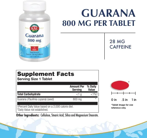 Miniatura 2 de KAL Guarana 800 Aproximadamente 28 miligramos de cafeína de origen natural Energía saludable y apoyo para la concentración 120 tabletas