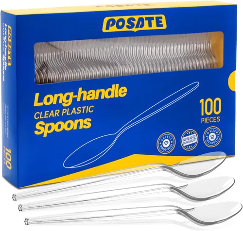 POSATE Cucharas de plástico de 7.1 pulgadas, cucharaditas desechables resistentes, transparentes (100 unidades)