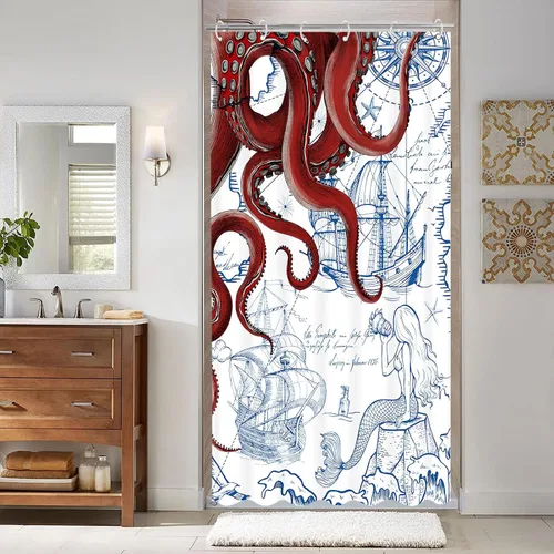 Miniatura 2 de Fungarth Cortina de Ducha Puesto Náutica de Pulpo Rojo Azul Marino Sirena Divertida Océano Kraken Cortinas de Ducha para Baño Ancla Genial Mapa