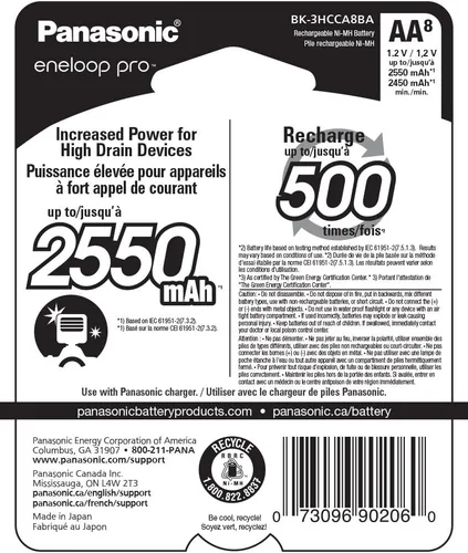 Miniatura 3 de Panasonic Eneloop Pro Ni-MH Baterías AA BK-3HCCA8BA 1.2V 8pk y cargador de batería de 4 celdas con 4 pilas AA K-KJ75KHC4BA