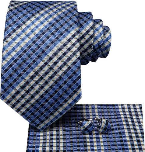Miniatura 280 de Hi-Tie Corbata clásica de cachemira para hombre con pañuelo y gemelos a cuadros