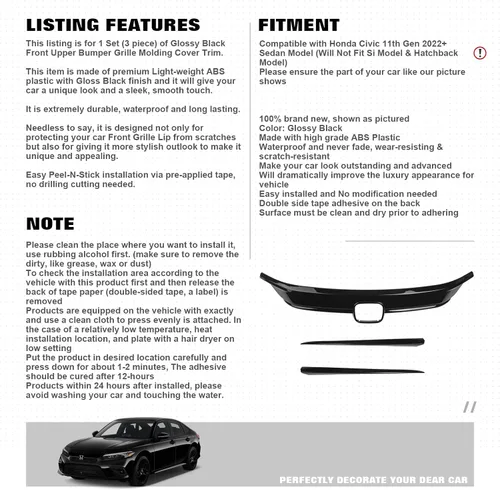 Miniatura 2 de x xotic tech Parachoques delantero exterior parrilla superior a rayas, negro brillante, compatible con Honda Civic Sedan 11ª generación 2022 2023