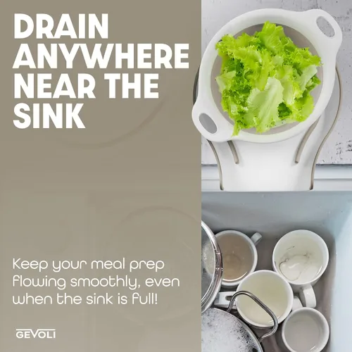 Miniatura 4 de Gevoli Coladores plegables (juego de 3) coladores de alimentos con base de drenaje de agua sobre el fregadero para pasta, frutas y verduras, Blanco